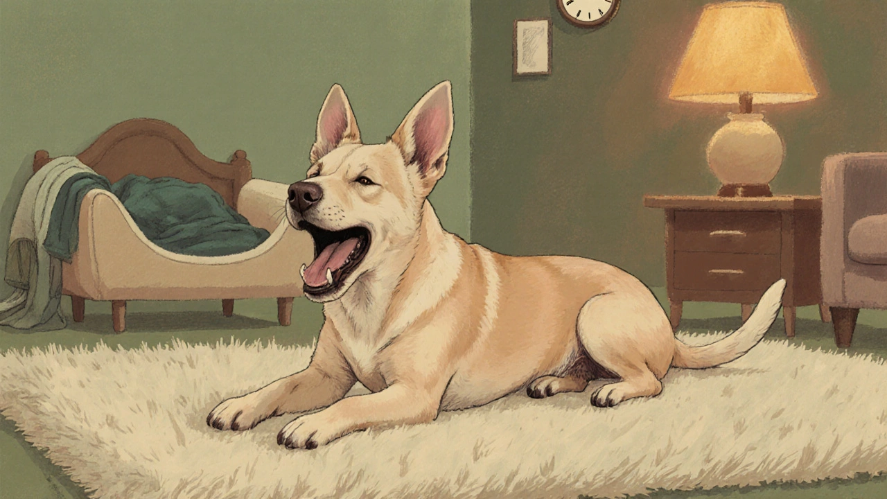 A dog yawns and stretches on a cozy rug, eyes half‑closed, indicating bedtime.