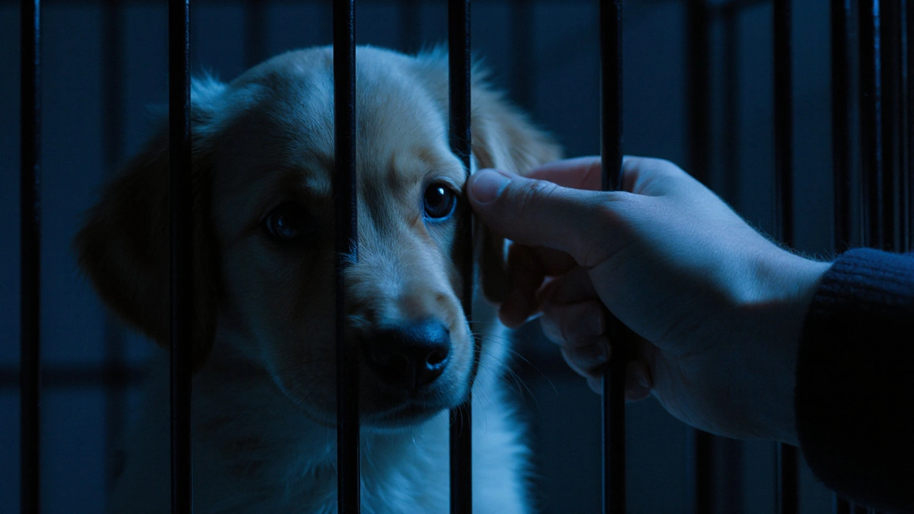 A puppy’s face gently touched by a human hand, eyes calm and trusting in the quiet night.