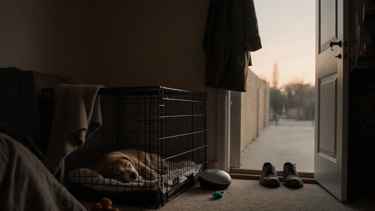 A sleeping puppy in a crate near a bedroom door as dawn light enters, ready for the next day.