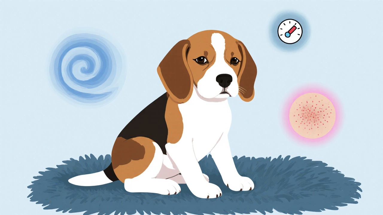 Beagle puppy showing mild lethargy and subtle signs of post‑vaccine effects.