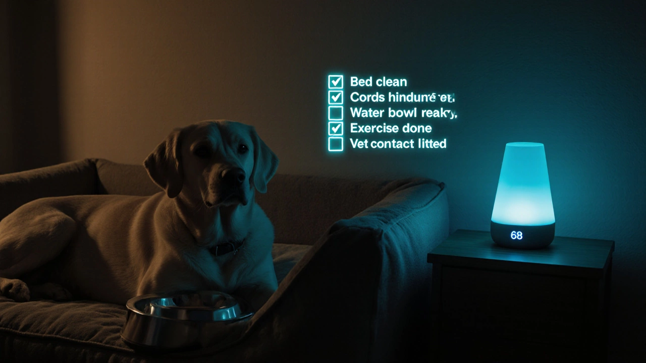Calm night scene of a dog sleeping on a bed with water bowl, white‑noise machine, and glowing checklist icons.