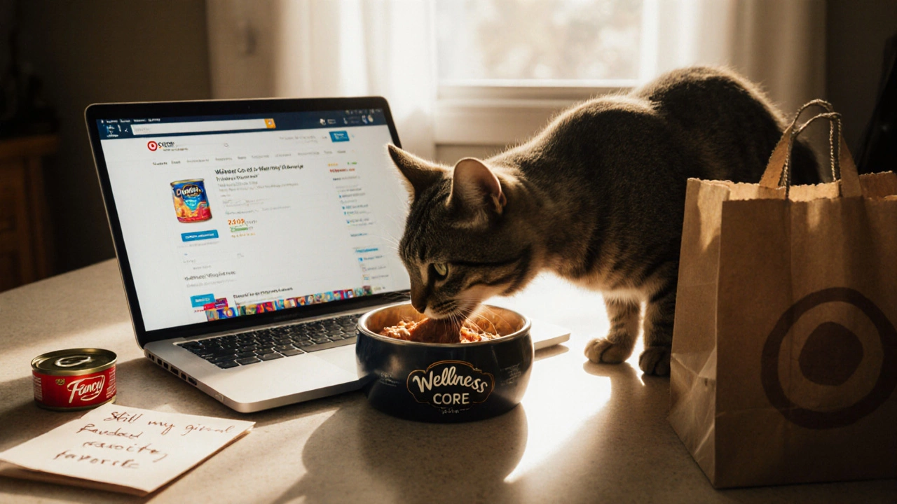 Cat eating Wellness Core food at home, with Amazon box and Target bag nearby, Fancy Feast can visible.