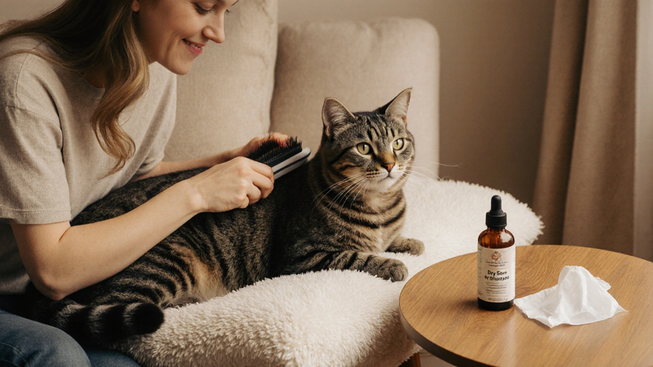 Cat lounging on a cushion while owner brushes it with a dry grooming brush.