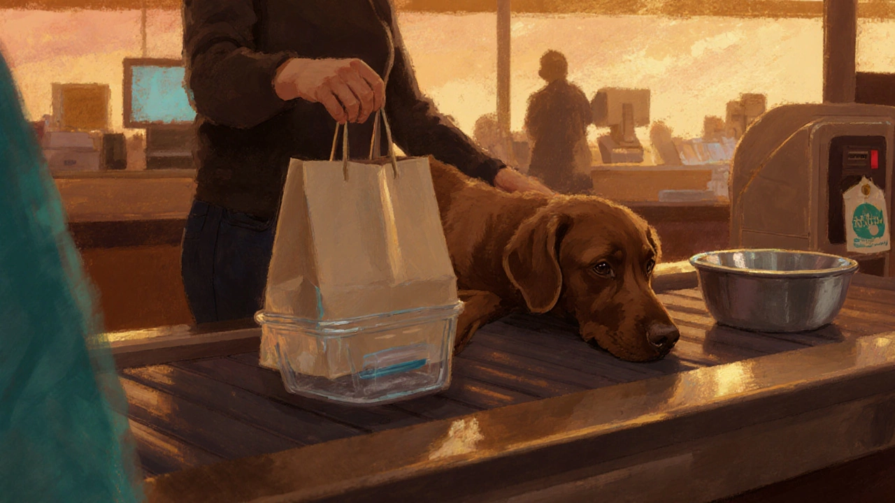 Checkout scene showing a handler, service dog, water bowl, and waste bag dispenser.