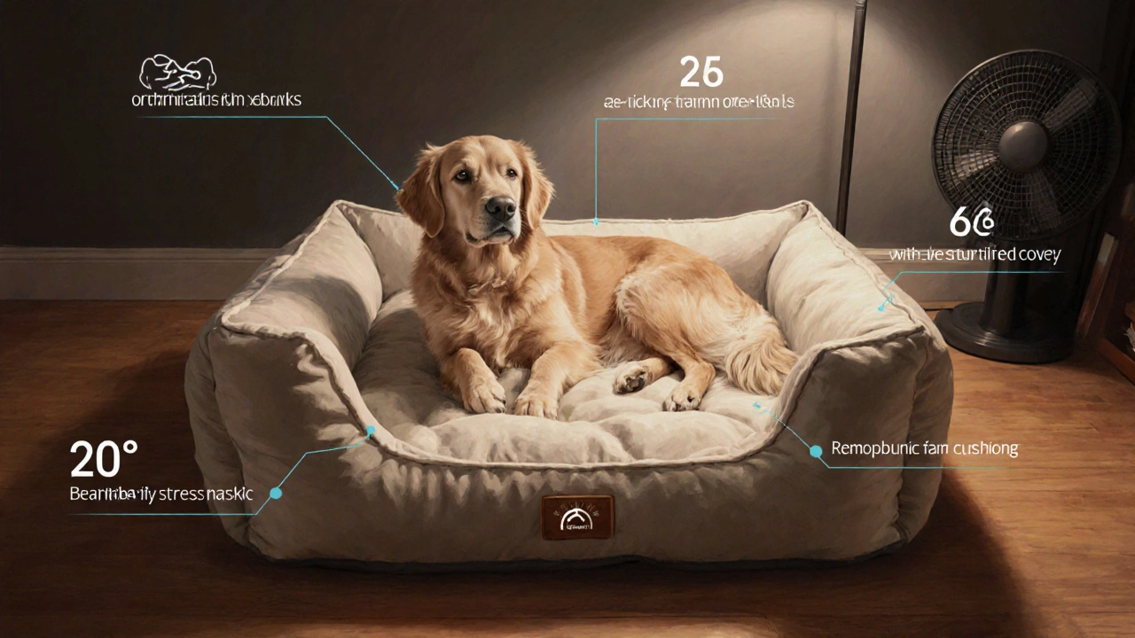 Cozy orthopedic dog bed with a senior dog curled inside, showing bolsters and a water bowl.