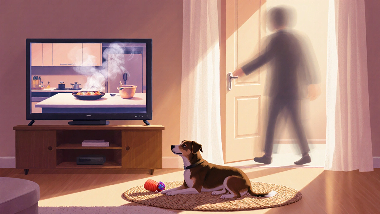 Dog on a mat watches a cooking show on TV, with a Kong toy beside it as the owner leaves.