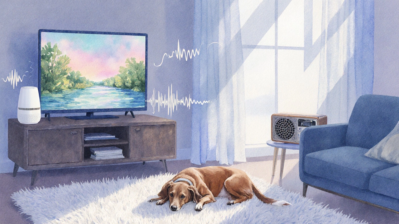 Dog sleeps peacefully in a living room surrounded by a TV, white‑noise machine, and radio emitting soft sounds.