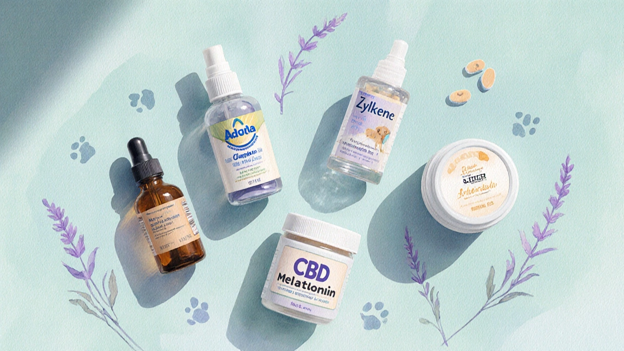 Flat lay of pet calming products surrounded by paw prints on a pastel background.
