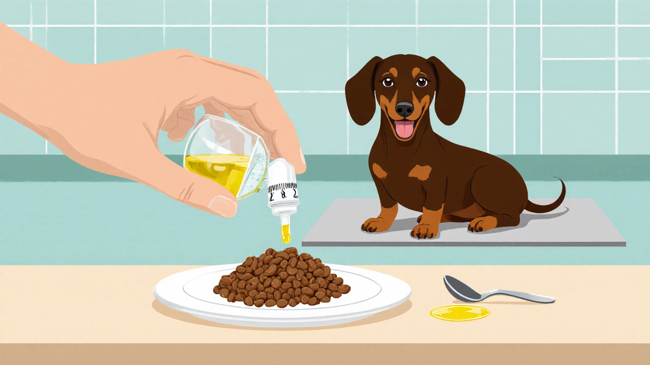 Hand using a dropper to add fish oil to dog food while a dog watches.