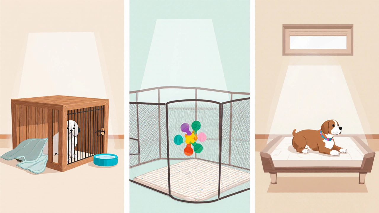 Illustration comparing a crate, playpen, and puppy pen in three panels.