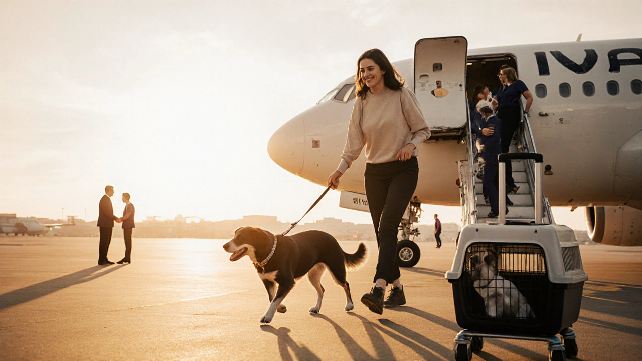 Owner and dog exiting an aircraft, dog stretching out of carrier on a sunny runway.