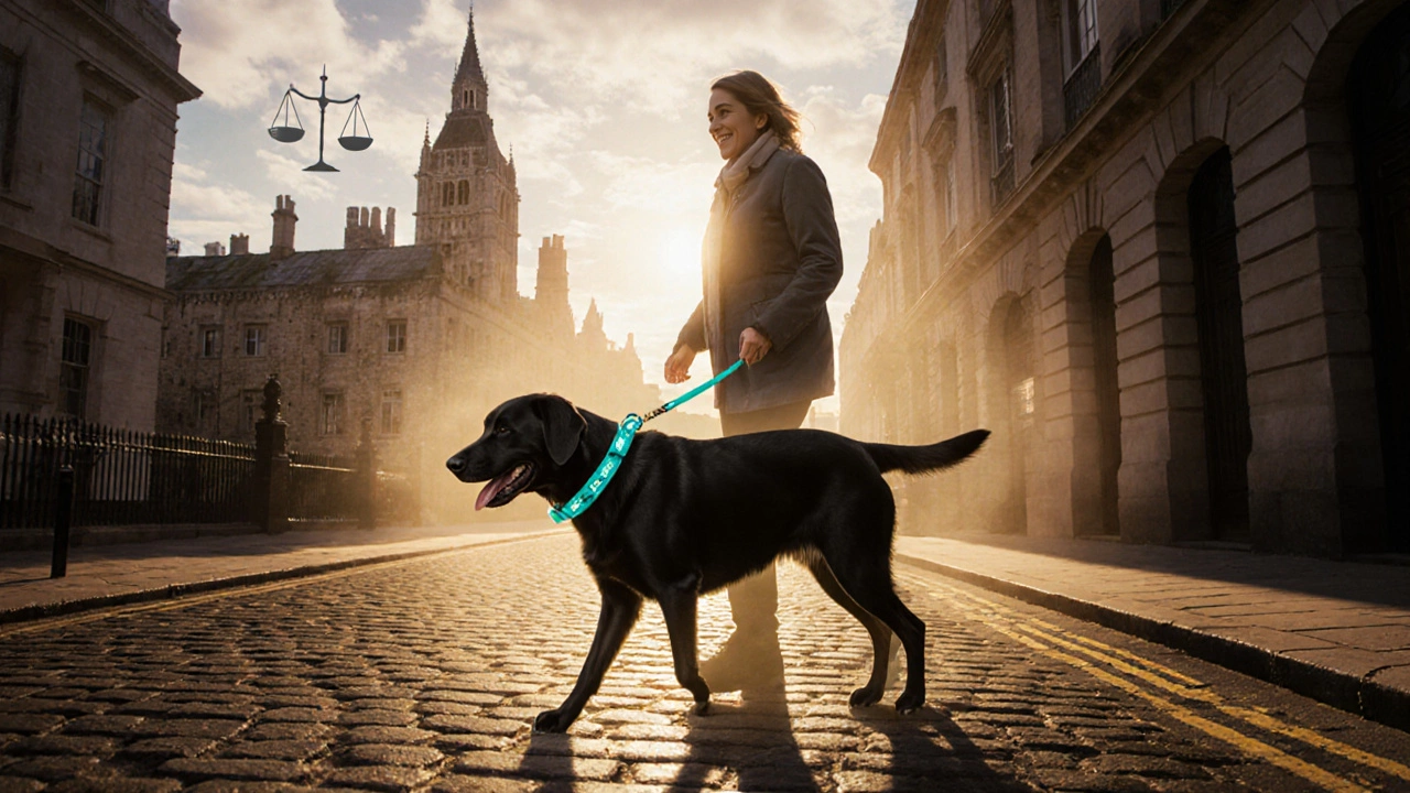 Owner and Labrador walking confidently with a gentle leader under sunrise, legal scales hinted.