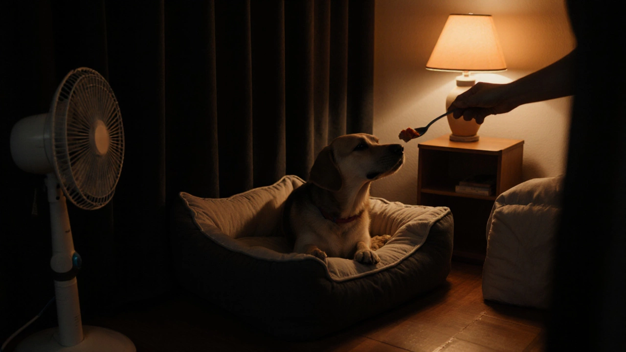 Owner dims lights, offers a snack, and cuddles a dog on a comfortable bed with a fan humming.