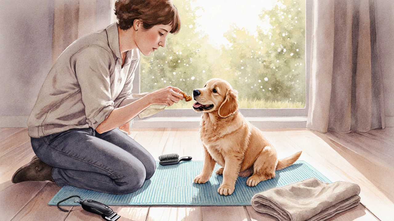 Owner giving treats to a relaxed dog during a calm grooming session.
