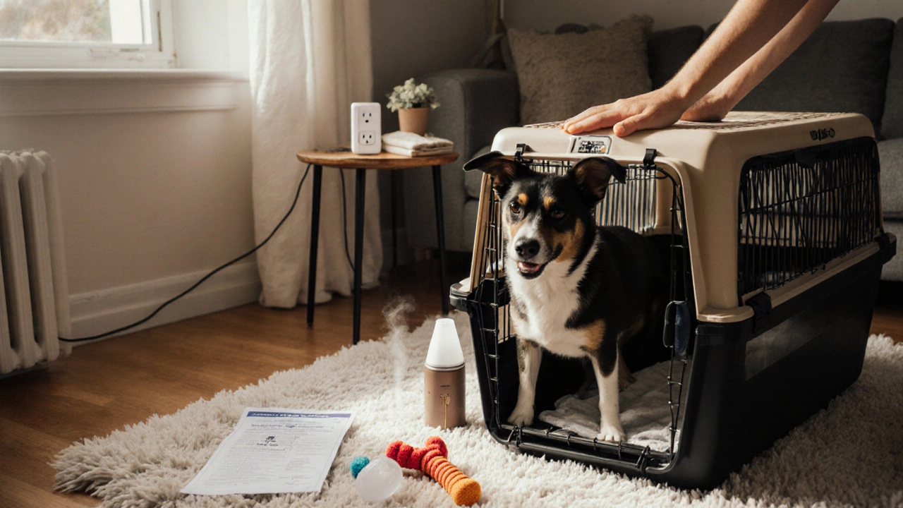 Owner preparing travel kit with carrier, blanket, toy, and vet certificate.