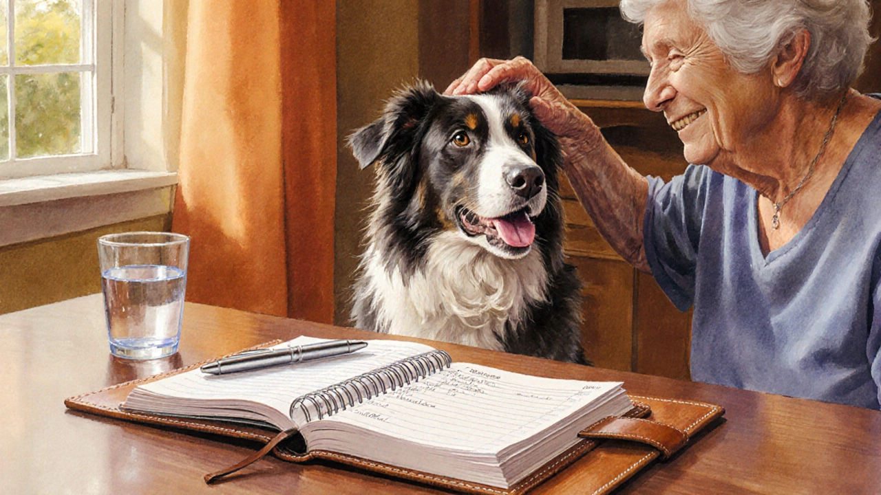 Owner reviewing a vaccination log while a senior dog rests nearby.