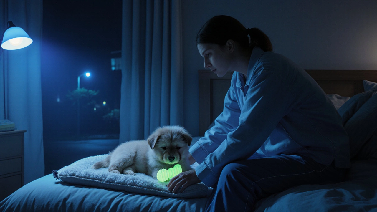 Parent lifting puppy for a midnight potty break under a soft night‑light.