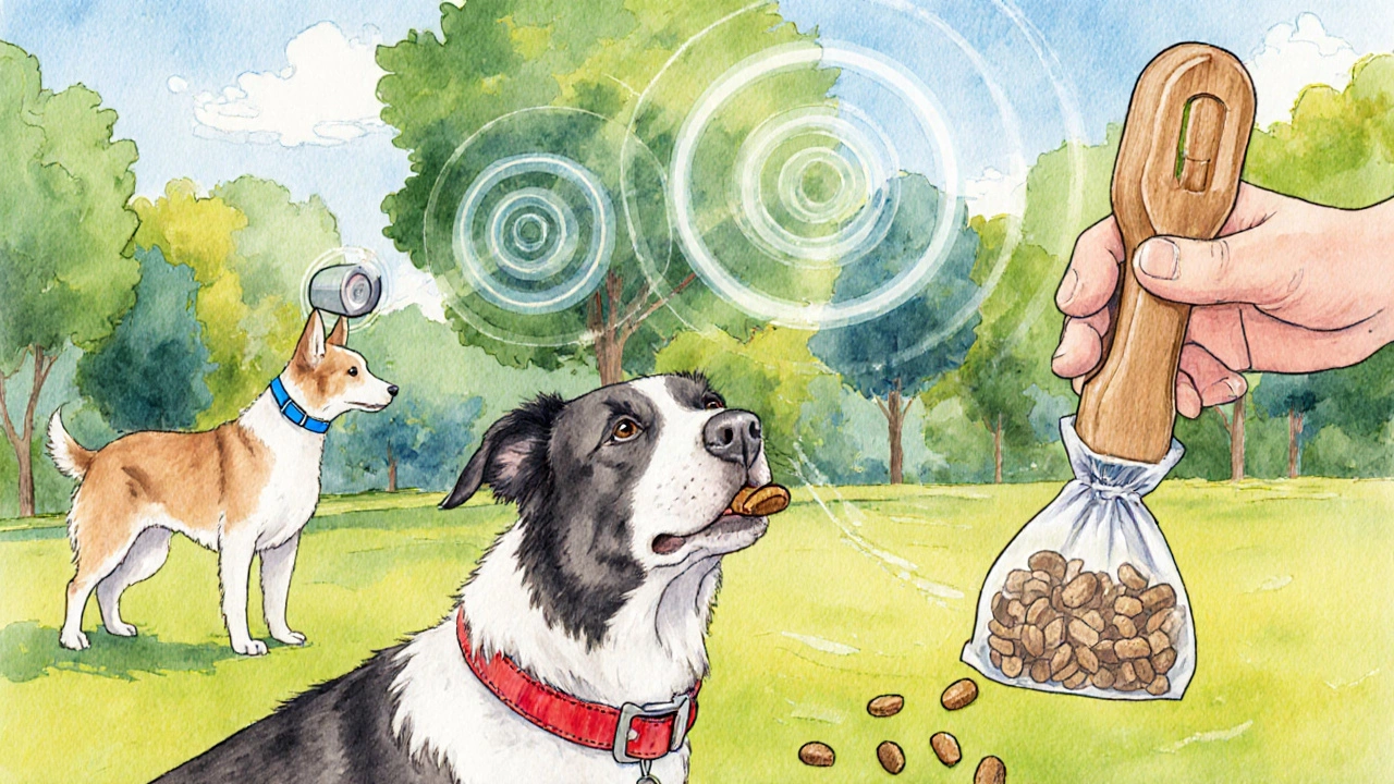 Park scene with dogs using vibration collar, ultrasonic device, head collar, and clicker with treats.