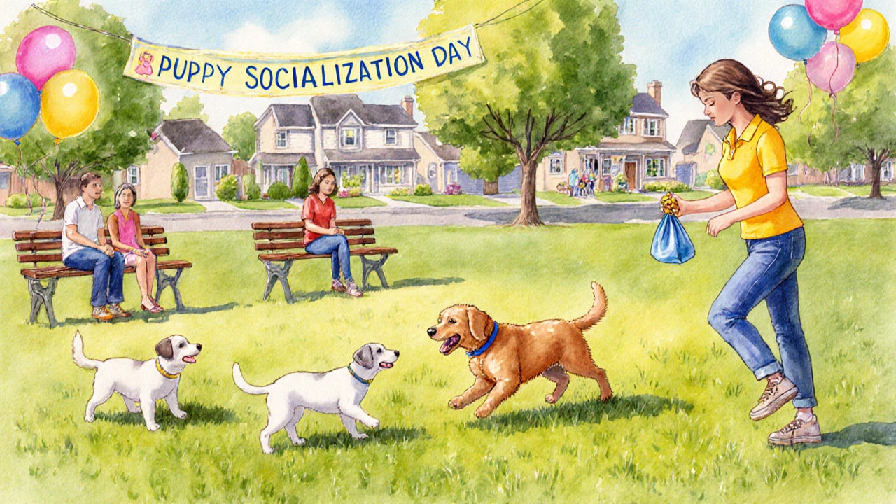 Puppies playing together in a sunny park during a socialization class.