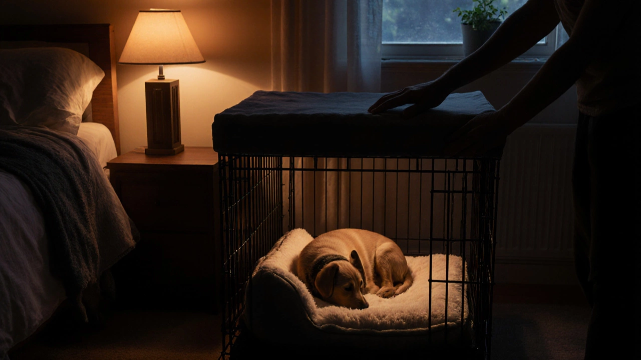 Puppy sleeping in a crate with blanket and soft night light.
