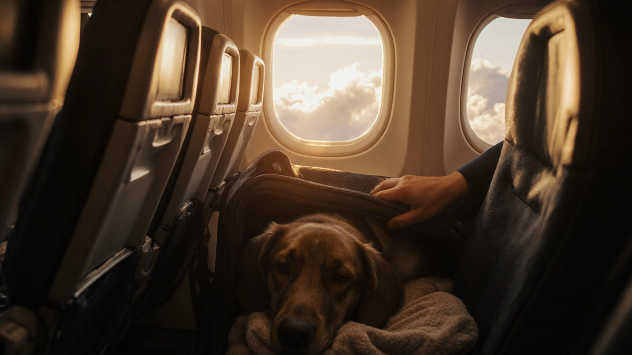Relaxed dog in carrier on airplane, gazing at window, bathed in warm cabin light.