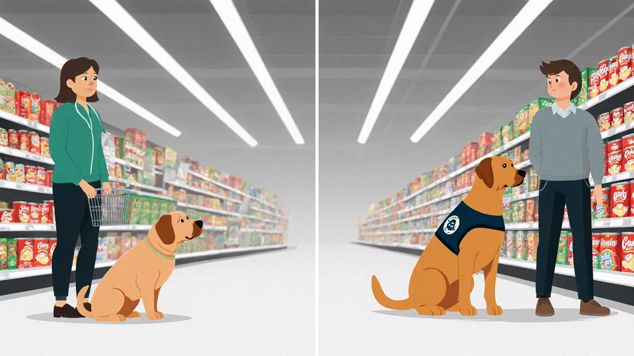 Side‑by‑side view of a pet dog and a service dog in a grocery aisle.