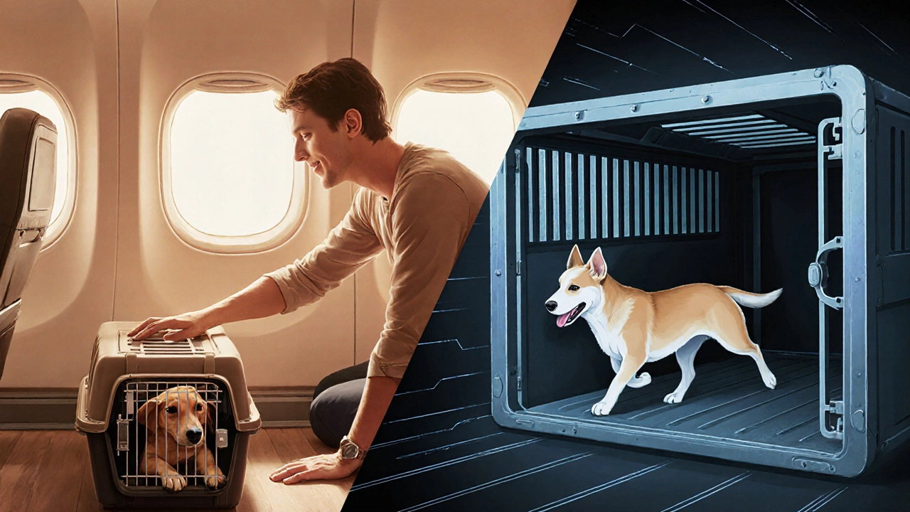Side‑by‑side view of cabin dog with owner and cargo dog in crate.