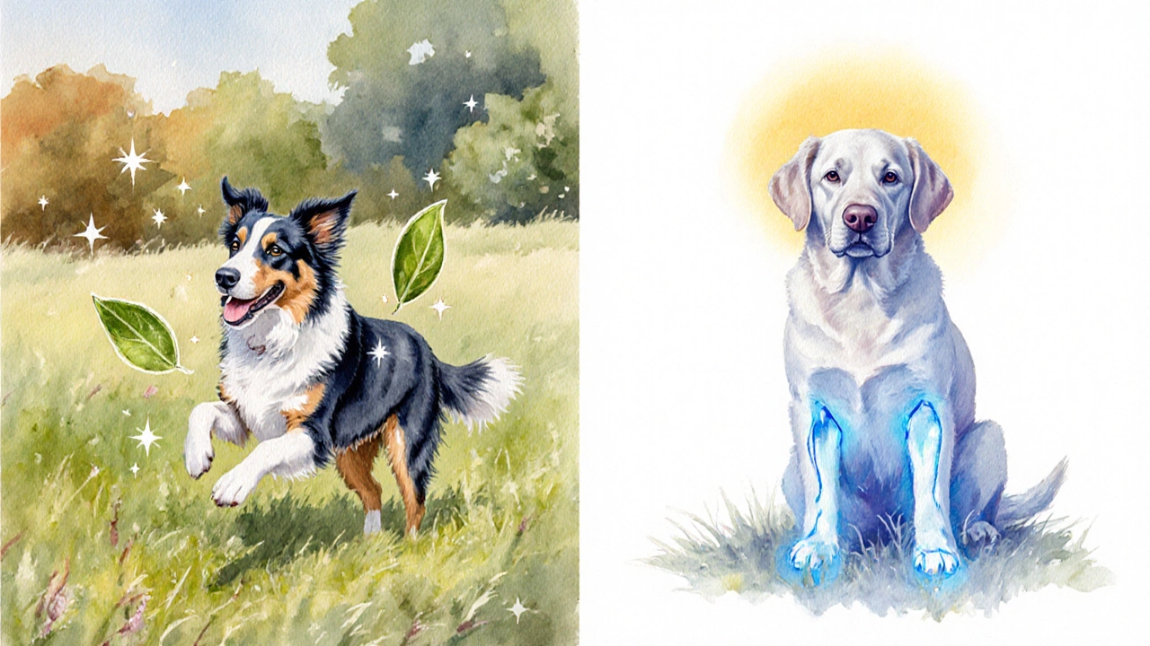 Side‑by‑side watercolor of a dog with a shiny coat and another with joint and brain benefits.