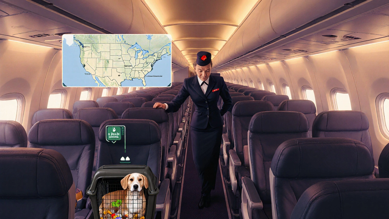 Small dog in carrier sitting under an airplane seat while a flight attendant checks it.