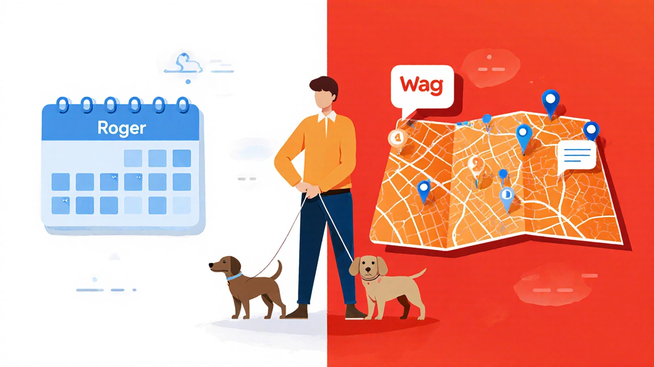Split illustration of a calendar for advance bookings beside a live map of on‑demand walk requests.