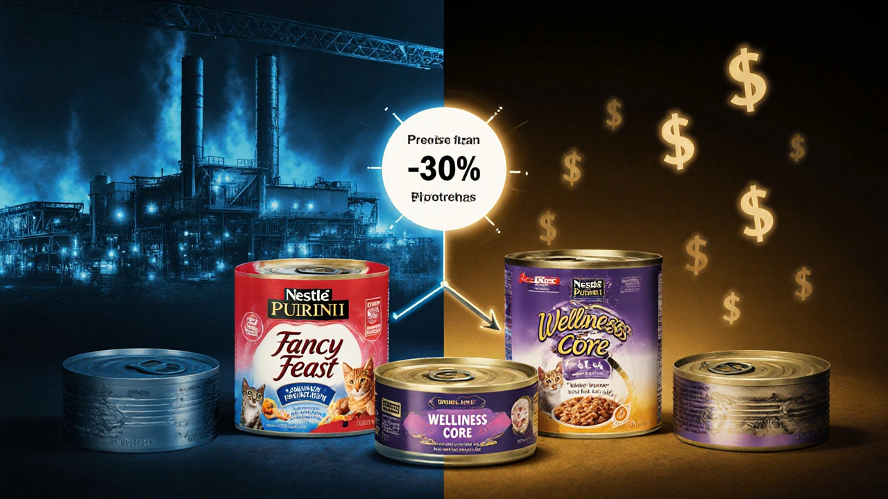 Split-screen showing Fancy Feast production vs. Wellness Core production with profit margin arrow.