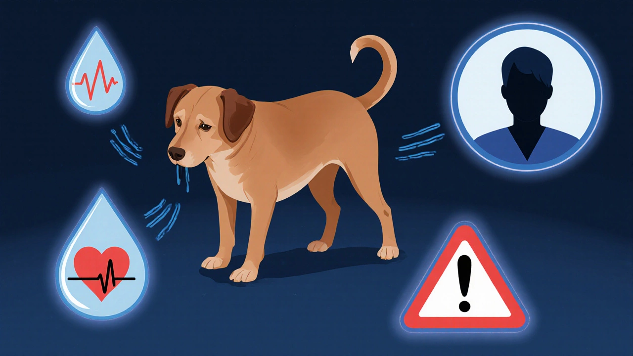 Stressed dog with tail tucked, warning icons, and a vet silhouette.