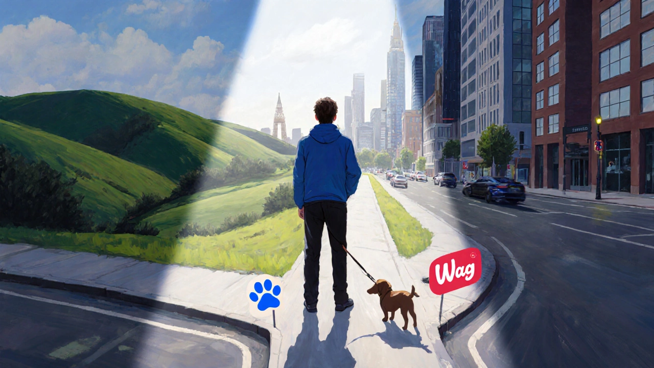 Walker at a forked road, choosing between a rural path and a city skyline, each marked by Rover and Wag symbols.