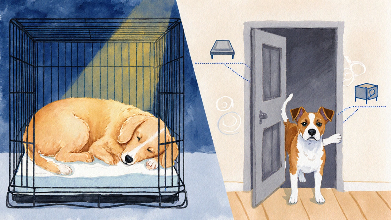 Watercolor split view of a relaxed dog in a crate versus a stressed dog trying to escape.