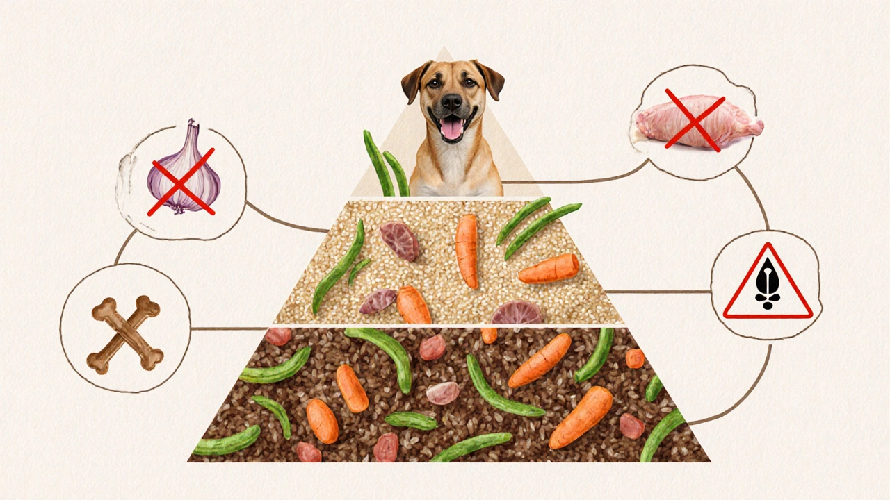 A balanced dog meal pyramid with chicken, rice, and vegetables, surrounded by forbidden foods.