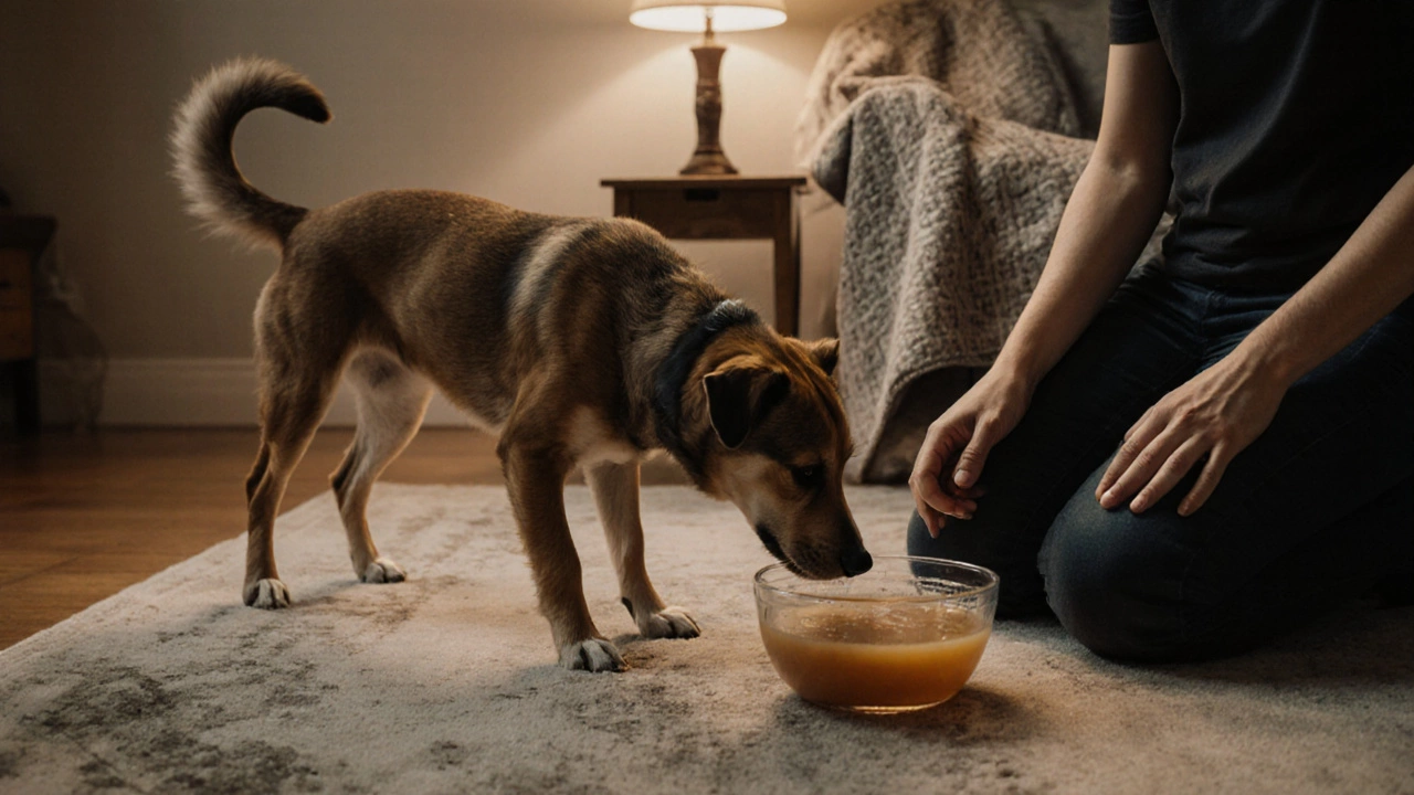 A dog cautiously approaches its owner, sniffing warm broth, seeking comfort after grooming.