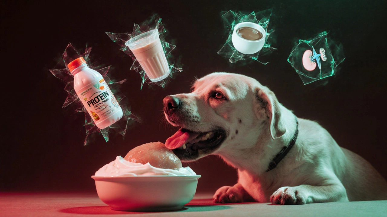 A dog eats safe food as harmful protein shakes crumble into toxic symbols above it.