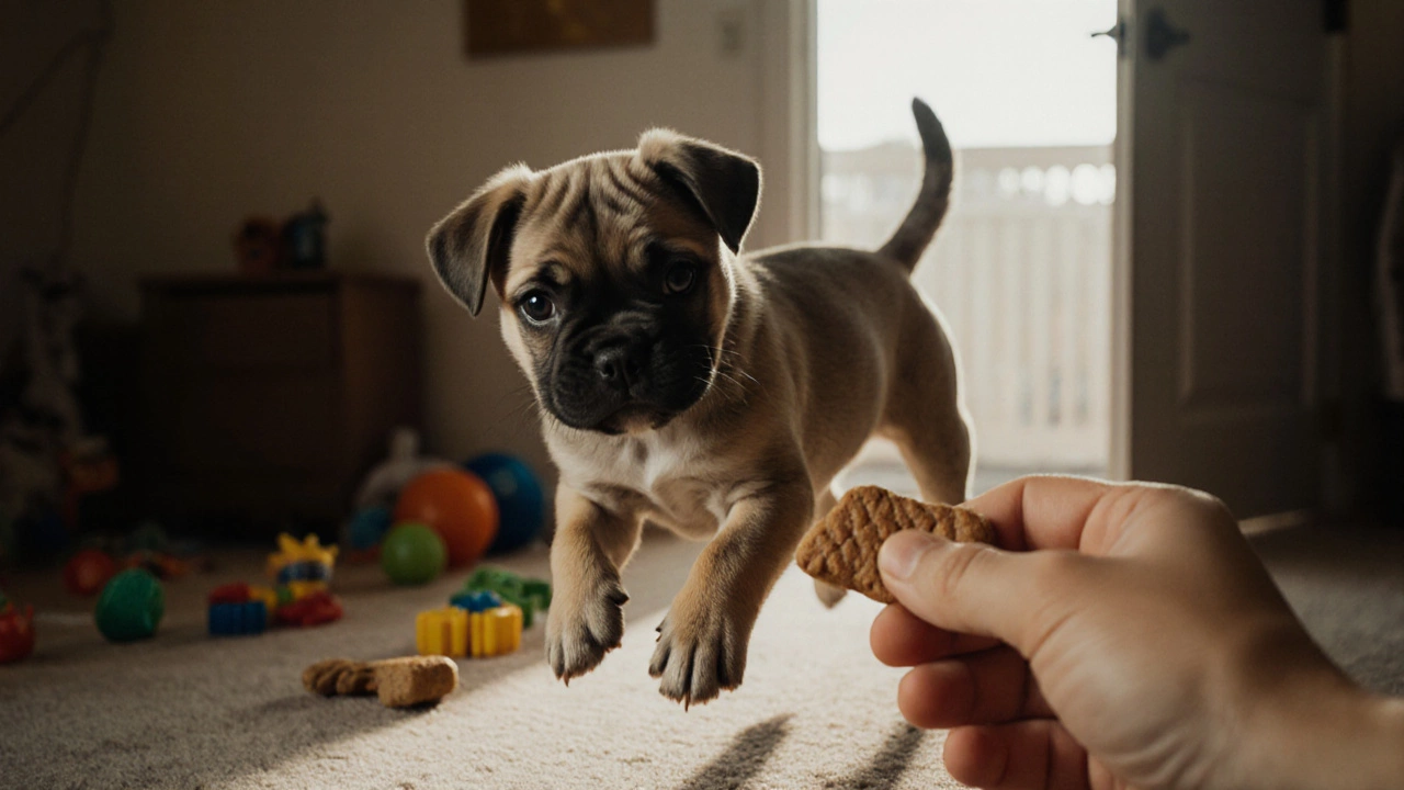 A puppy hesitating mid-jump, glancing at a treat held in a closed hand.