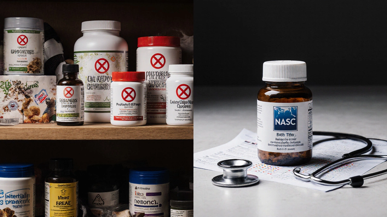 A shelf of dog supplements with warning symbols, one certified bottle isolated.