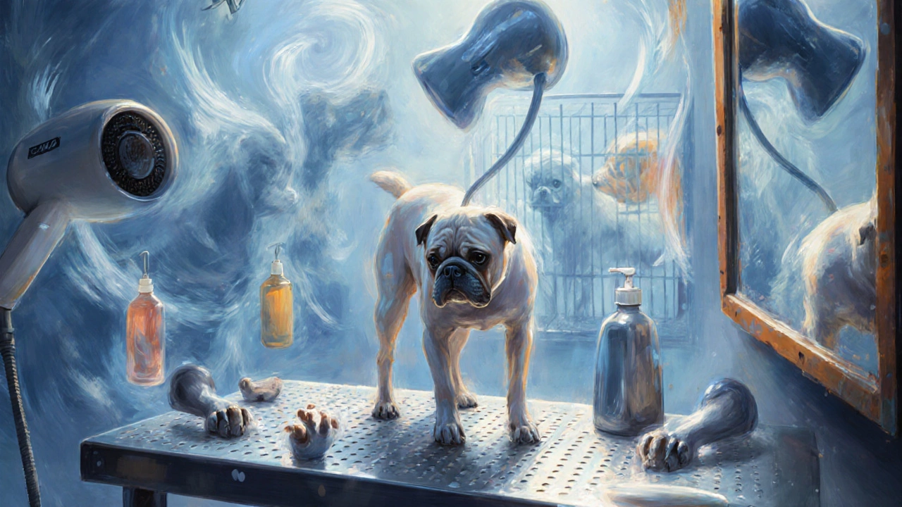 A trembling dog in a noisy grooming salon, half-shaved and overwhelmed by sensory chaos.
