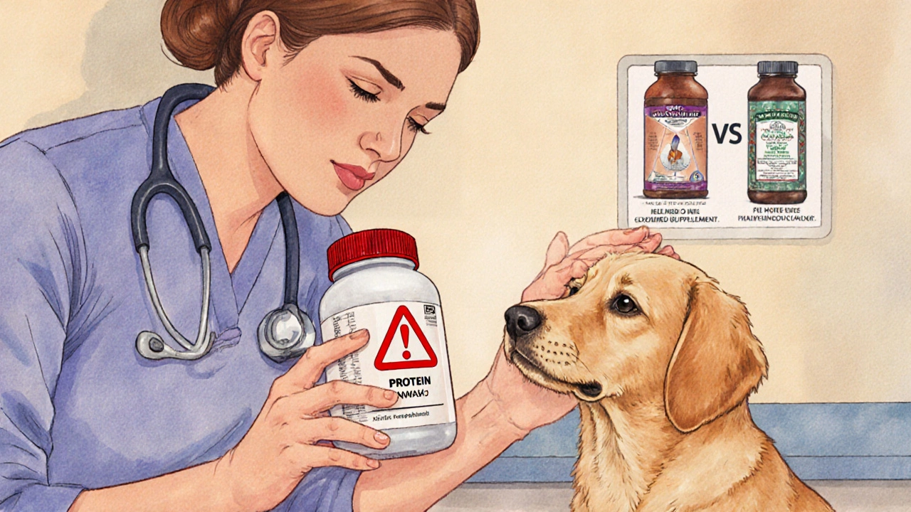 A veterinarian examines a dog while holding a toxic protein powder vial, with safe alternatives visible in the background.