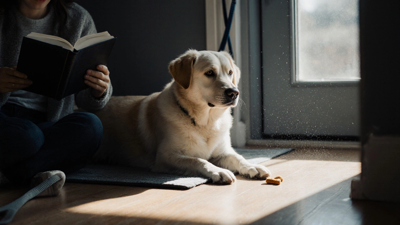 An adult dog lying peacefully on a mat, ignoring a treat on the floor while watching its owner.