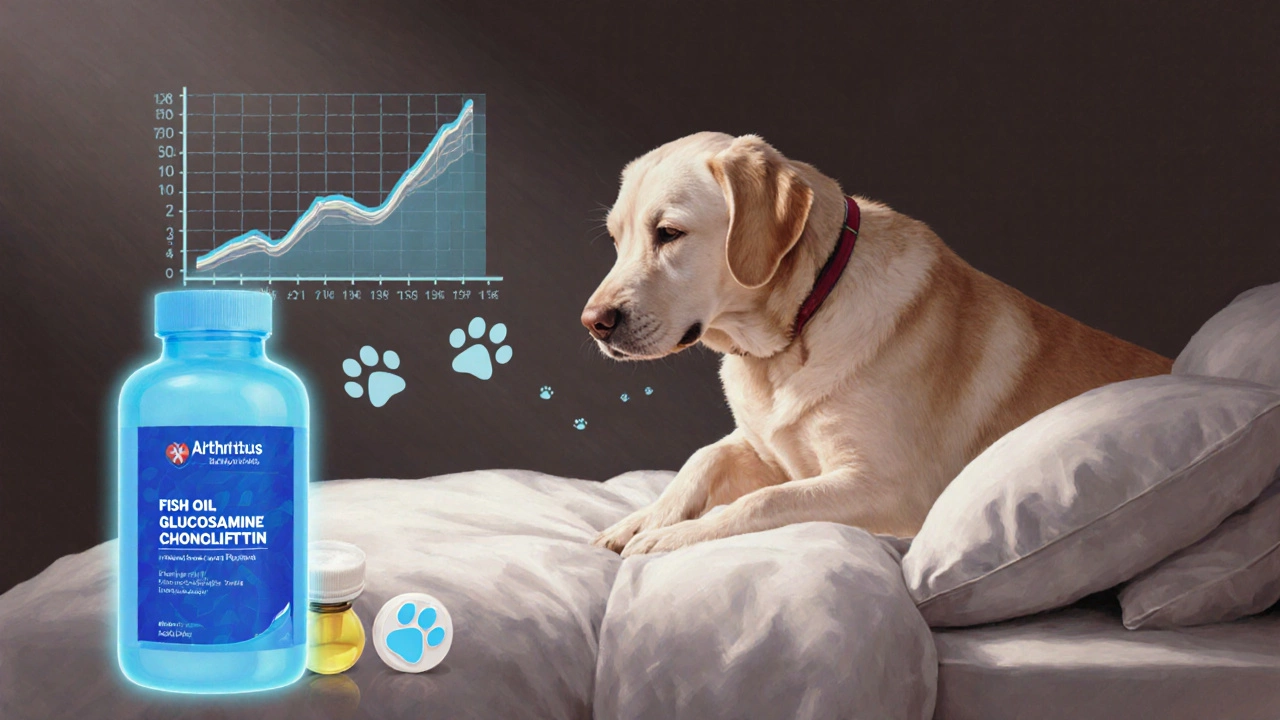 An older Labrador rising slowly with joint supplements glowing beside it.