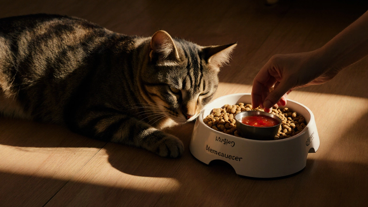 Cat napping beside a puzzle feeder with wet food nearby at dusk.