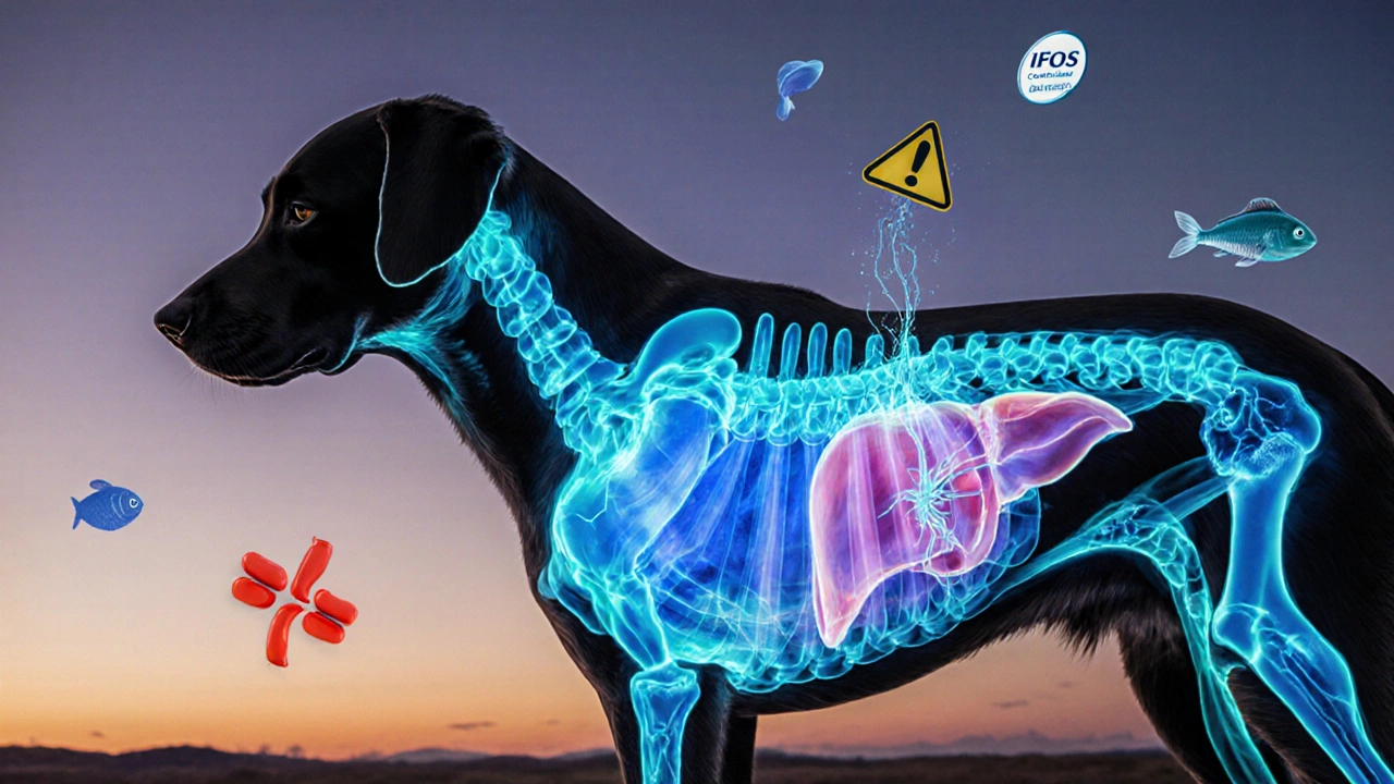 Internal view of a dog&#039;s body with omega-3s reducing inflammation in joints and skin.