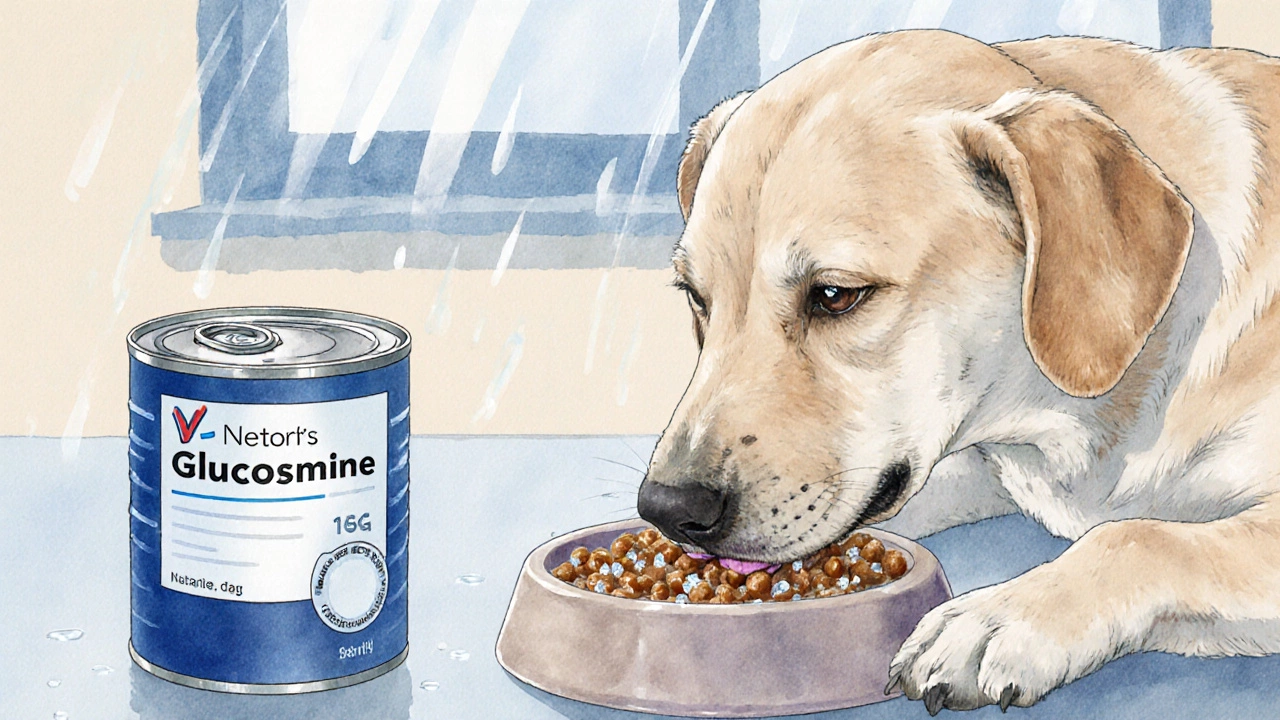 Senior dog gently eating wet food from a bowl, with soft watercolor background suggesting calm care.