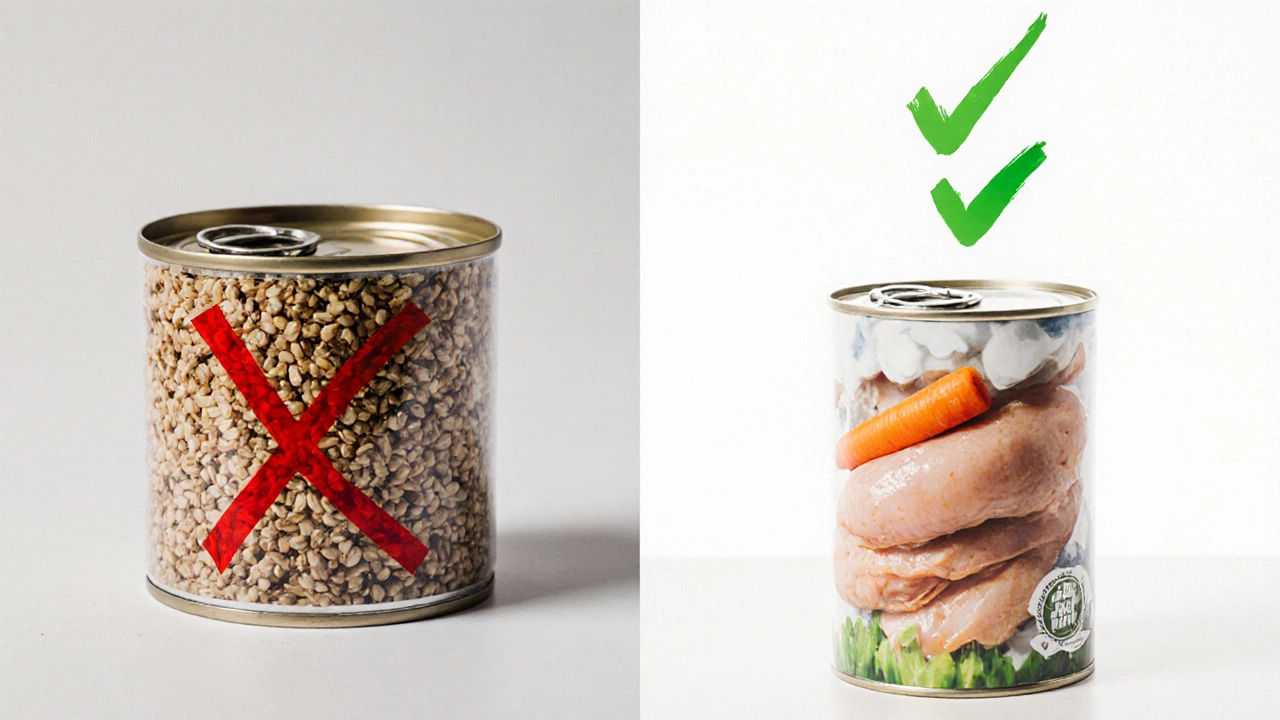 Side-by-side comparison of low-quality vs. high-quality wet dog food cans with symbolic checks and Xs.