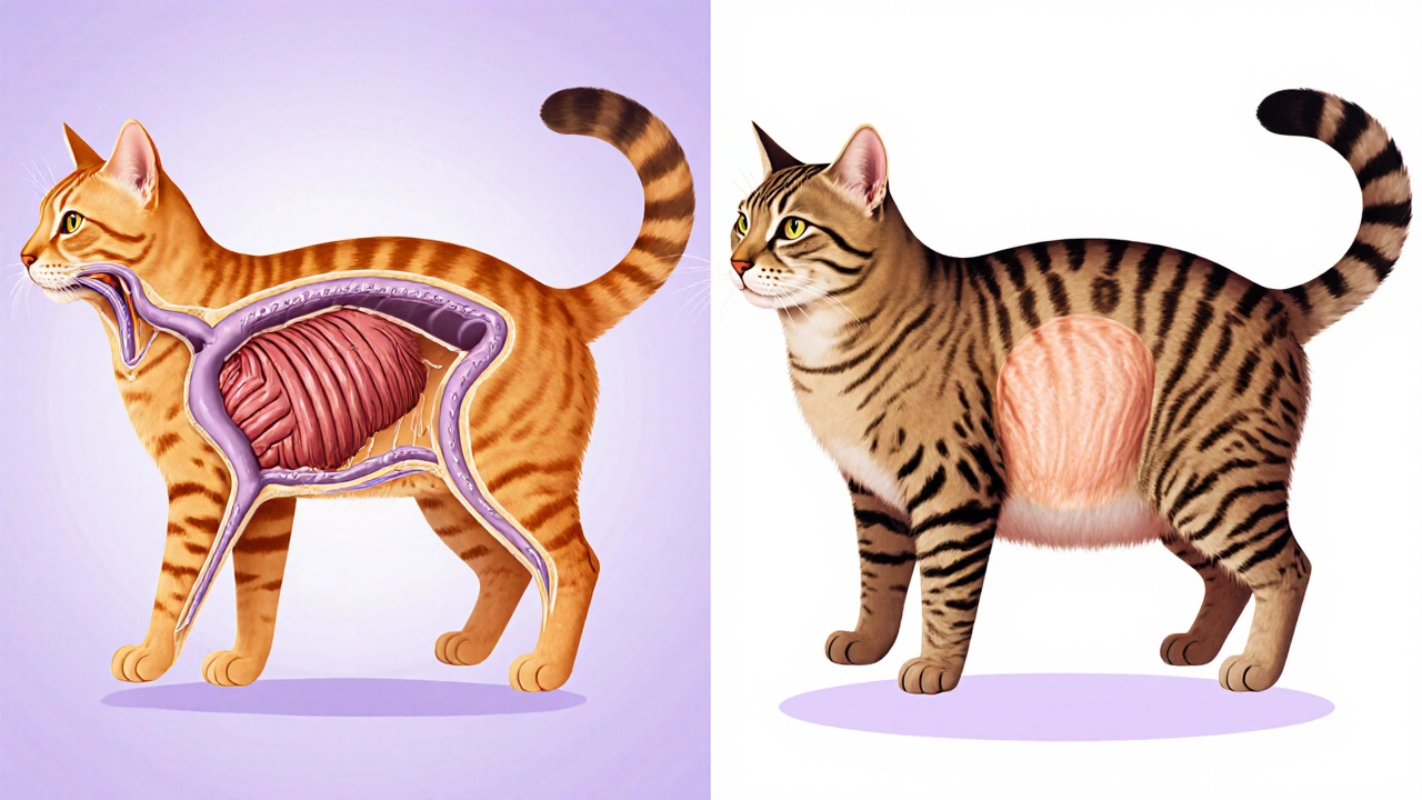 Side-by-side illustration of healthy vs. overweight cat internal systems.