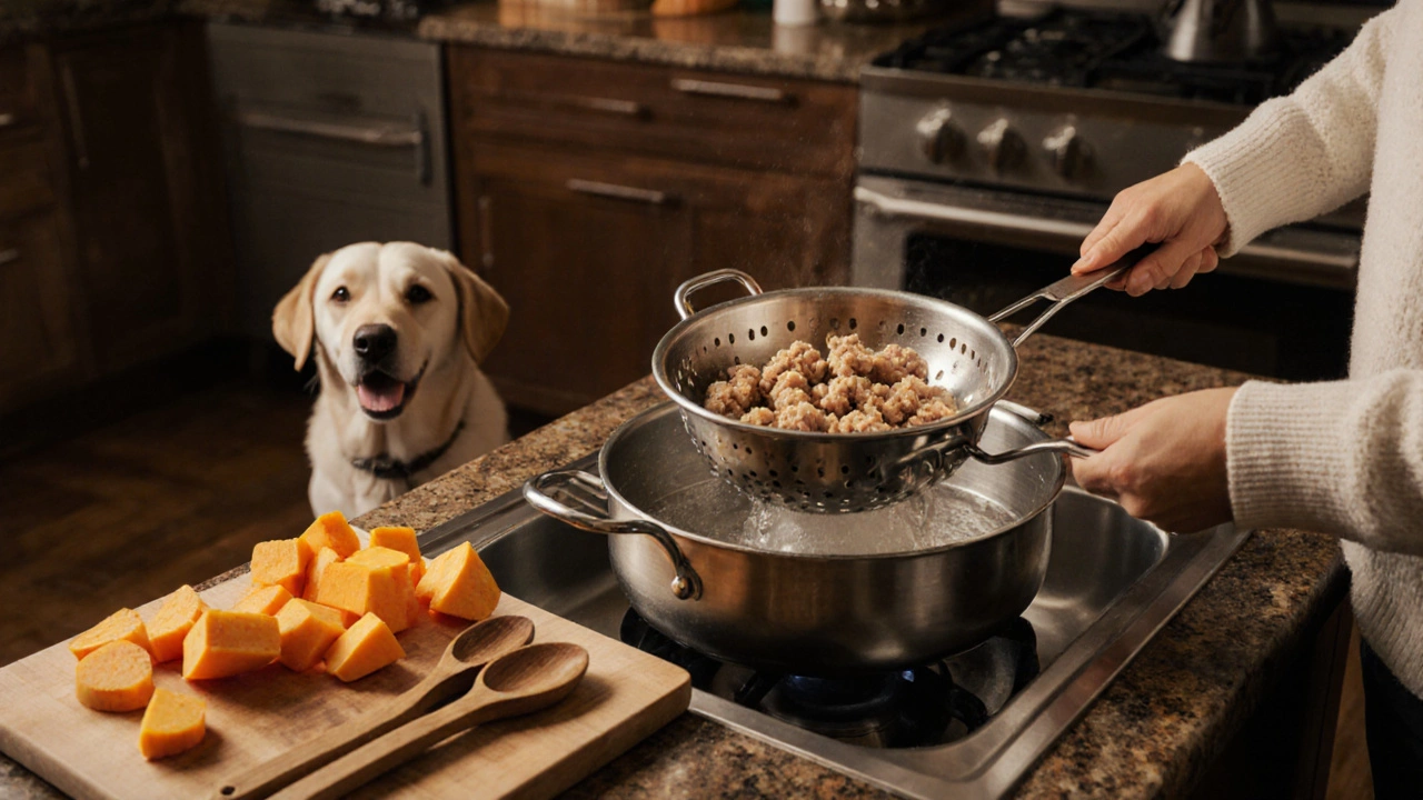 Someone preparing plain ground chicken with sweet potato and pumpkin for a dog in a kitchen.