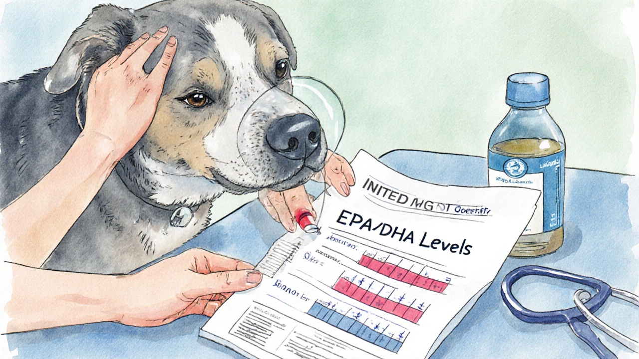 Veterinarian reviewing blood test for omega-3 levels with dog in clinic.